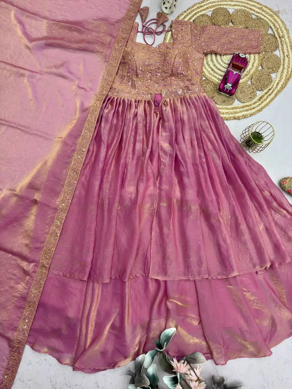 Rose Gold Two Tone Silk Lehenga Set for Wedding and Festive Wear (1 Dress 4 Way to Wear)