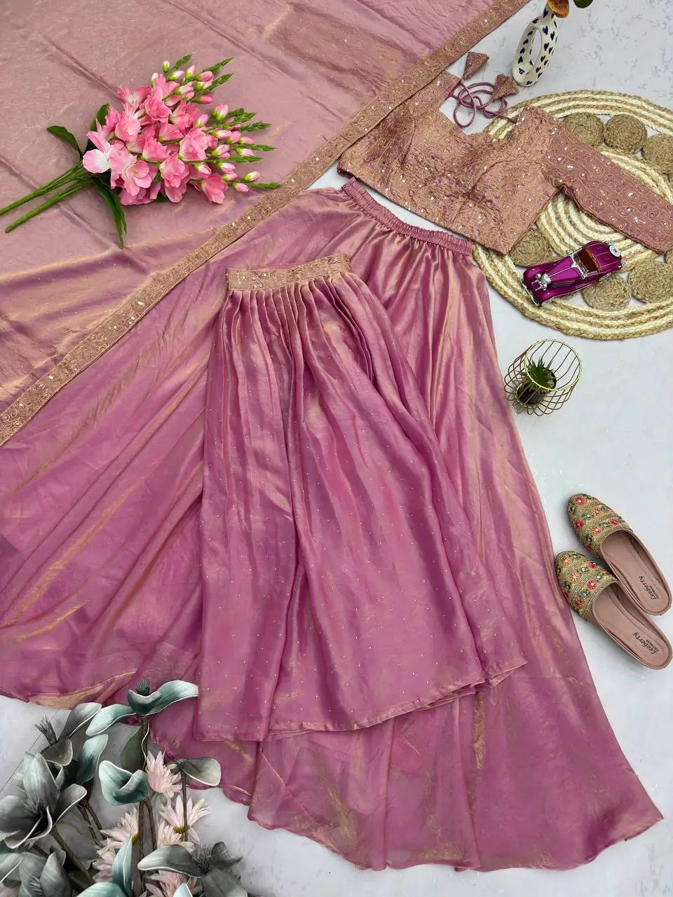 Rose Gold Two Tone Silk Lehenga Set for Wedding and Festive Wear (1 Dress 4 Way to Wear)
