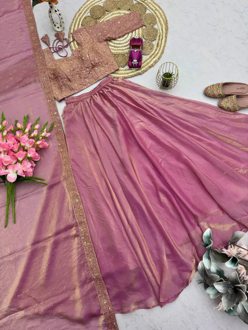 Rose Gold Two Tone Silk Lehenga Set for Wedding and Festive Wear (1 Dress 4 Way to Wear)