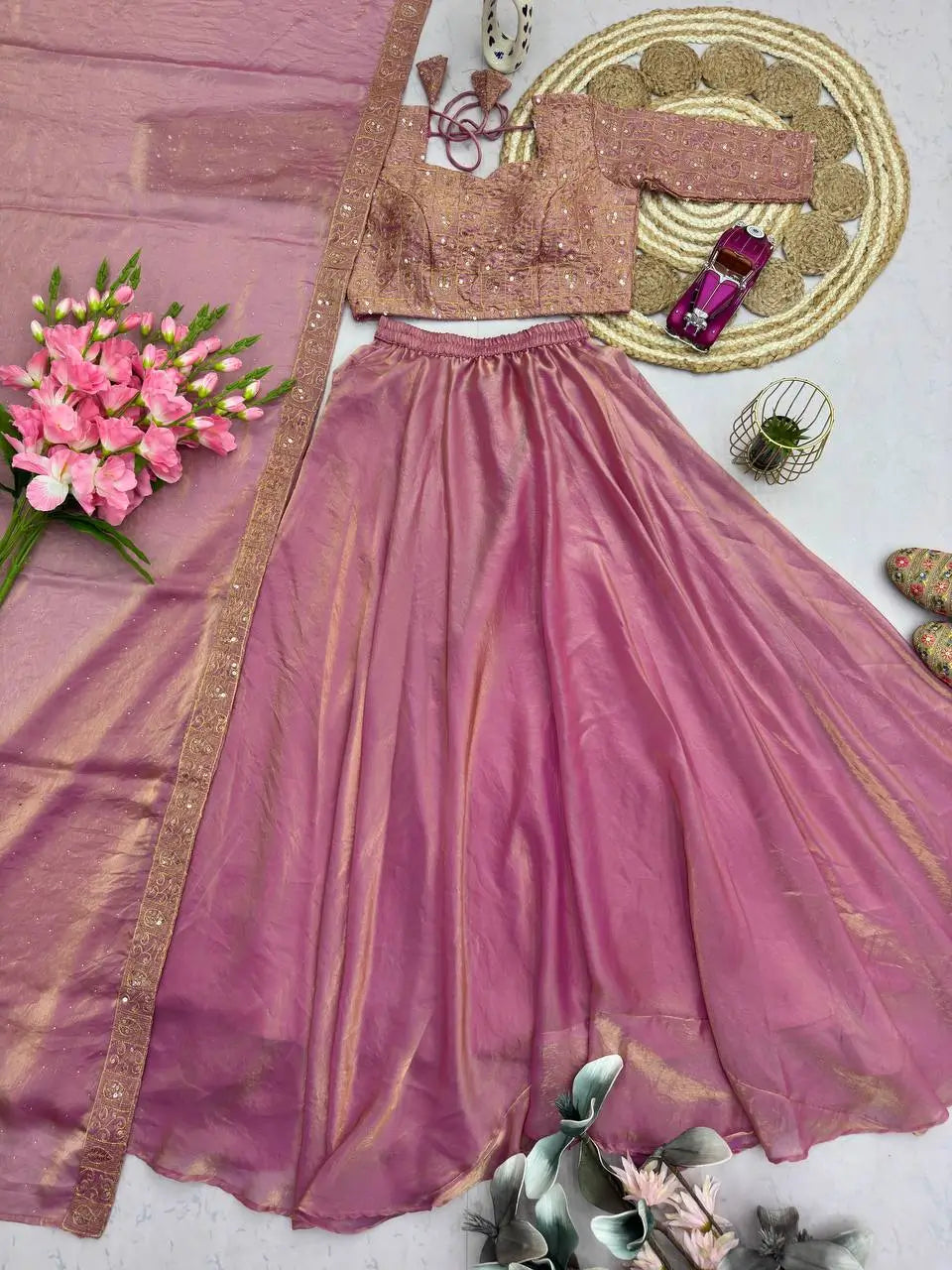 Rose Gold Two Tone Silk Lehenga Set for Wedding and Festive Wear (1 Dress 4 Way to Wear)