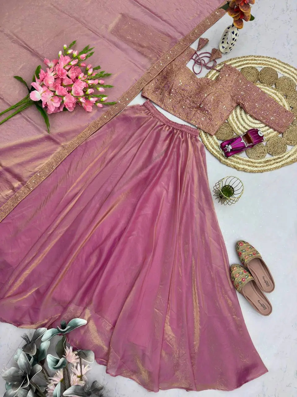 Rose Gold Two Tone Silk Lehenga Set for Wedding and Festive Wear (1 Dress 4 Way to Wear)
