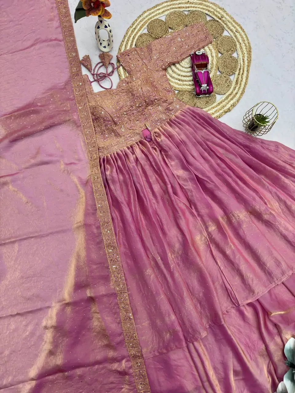 Rose Gold Two Tone Silk Lehenga Set for Wedding and Festive Wear (1 Dress 4 Way to Wear)