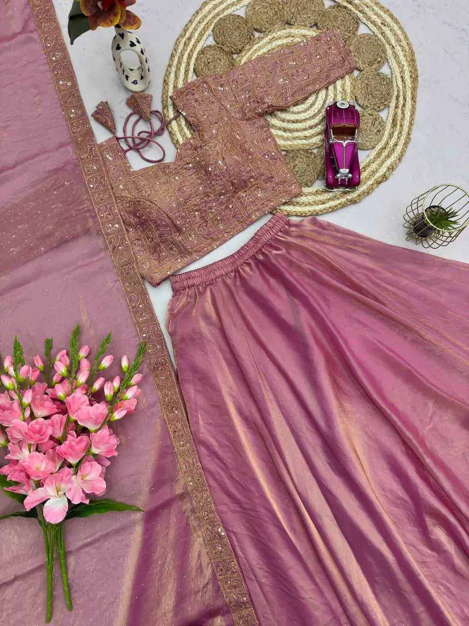 Rose Gold Two Tone Silk Lehenga Set for Wedding and Festive Wear (1 Dress 4 Way to Wear)