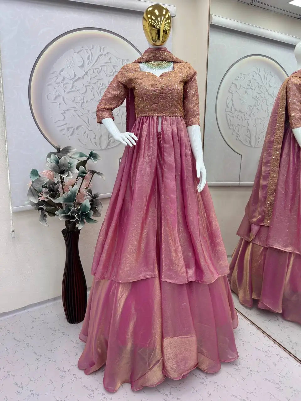 Rose Gold Two Tone Silk Lehenga Set for Wedding and Festive Wear (1 Dress 4 Way to Wear)