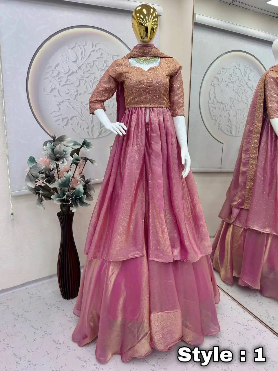 Rose Gold Two Tone Silk Lehenga Set for Wedding and Festive Wear (1 Dress 4 Way to Wear)