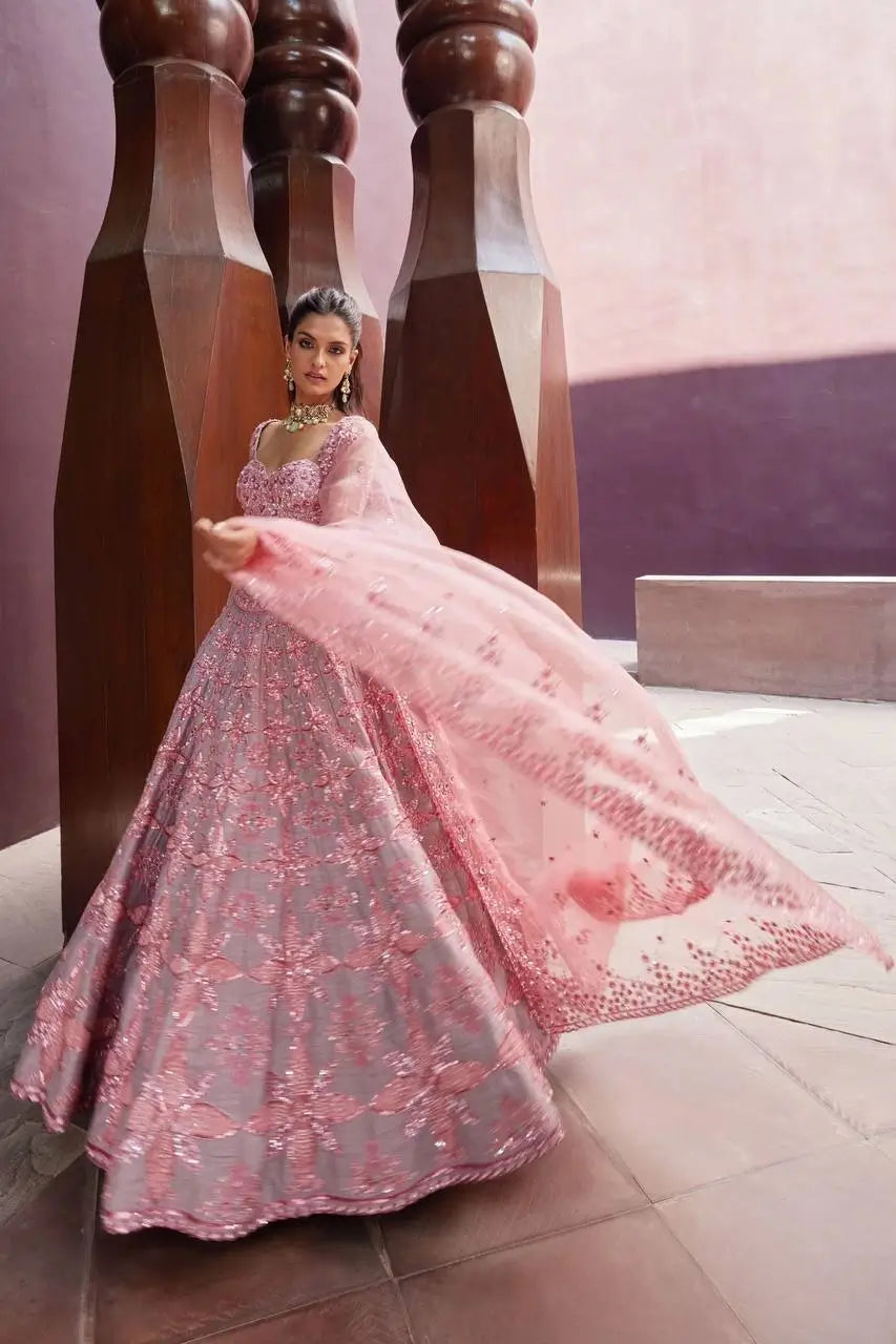 Rose Grey Floral Lehenga Set