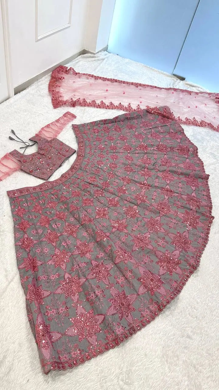 Rose Grey Floral Lehenga Set