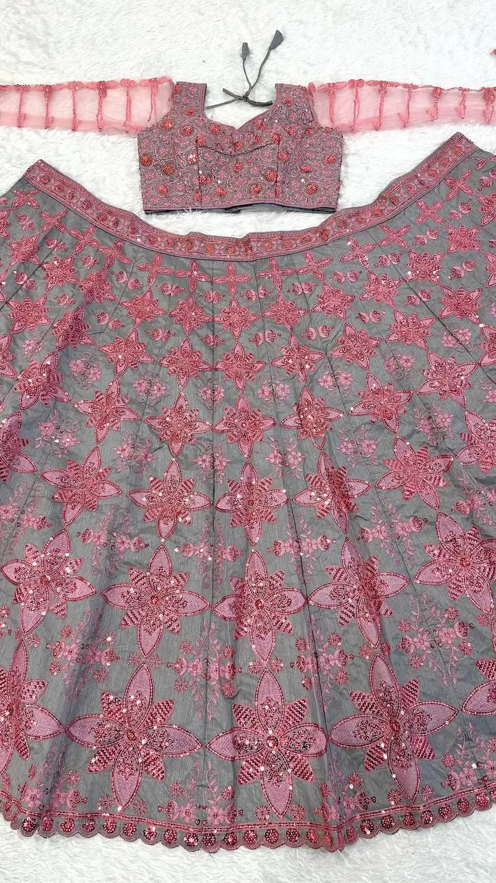 Rose Grey Floral Lehenga Set