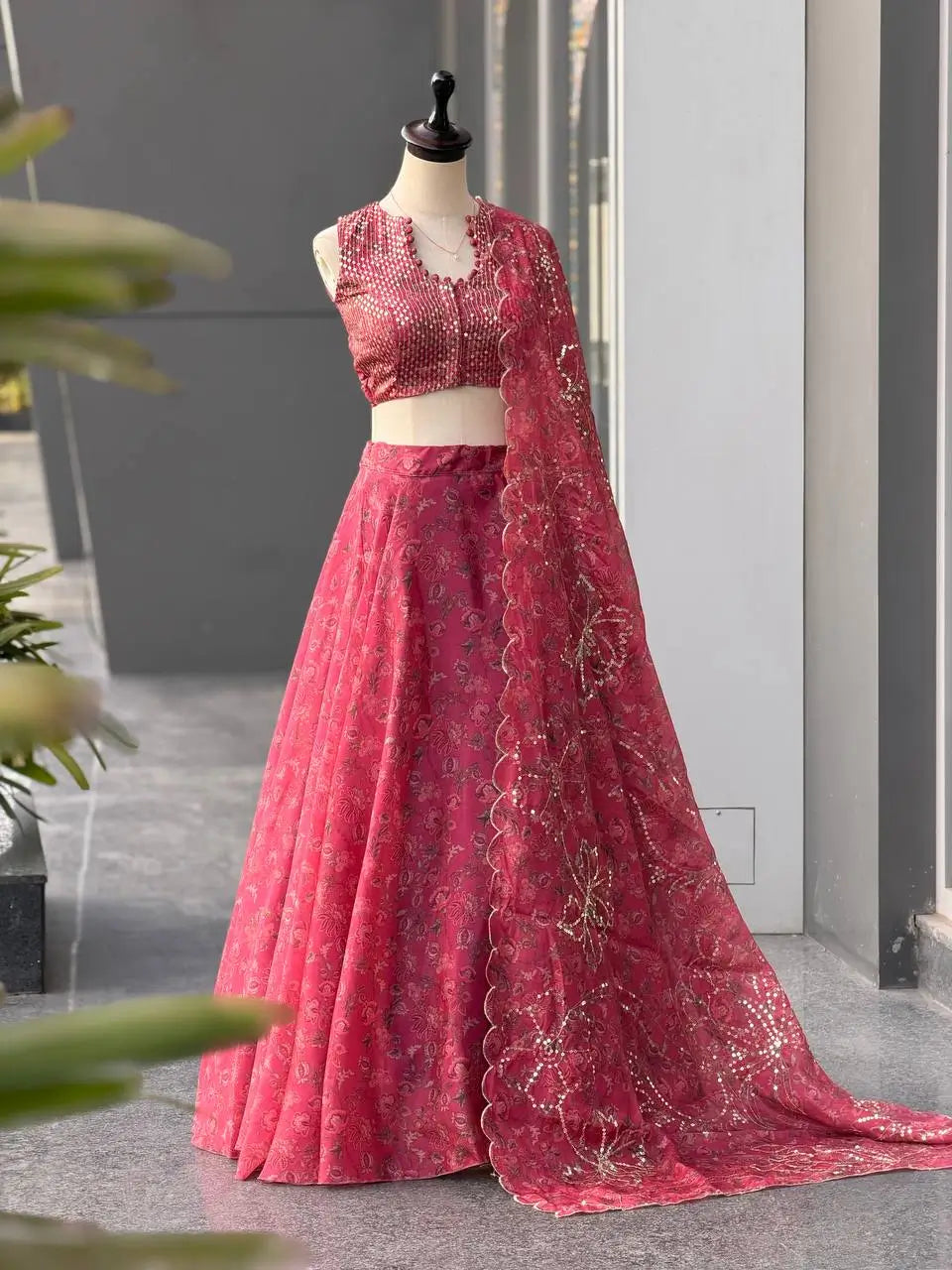 Rose Organza Printed Lehenga with Sequin Work