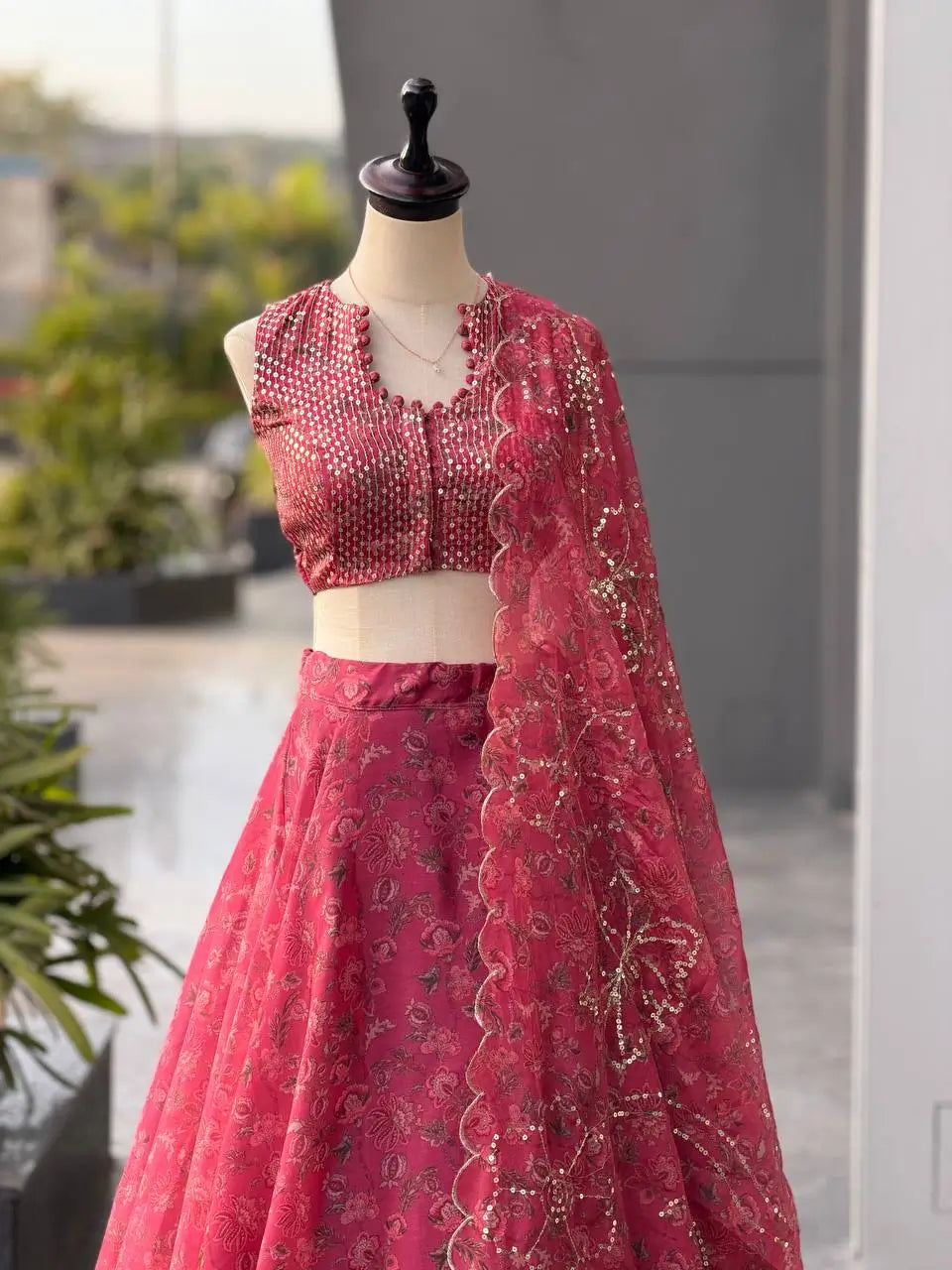 Rose Organza Printed Lehenga with Sequin Work