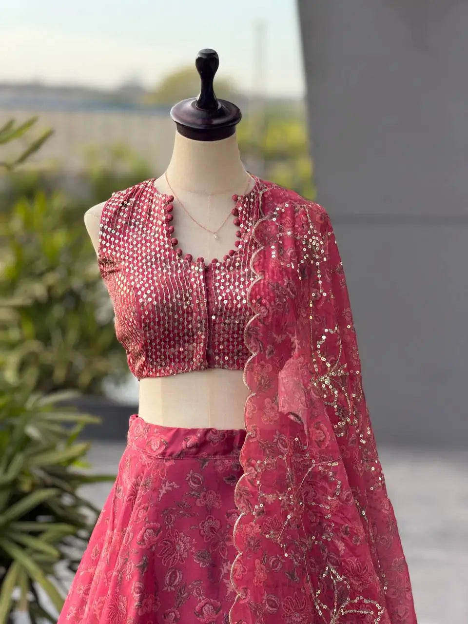 Rose Organza Printed Lehenga with Sequin Work