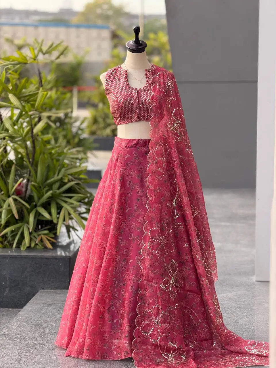 Rose Organza Printed Lehenga with Sequin Work