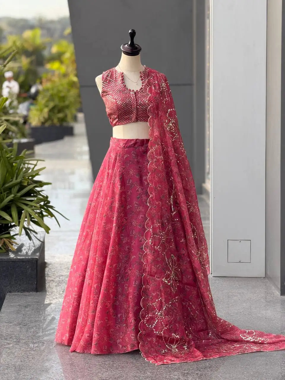 Rose Organza Printed Lehenga with Sequin Work