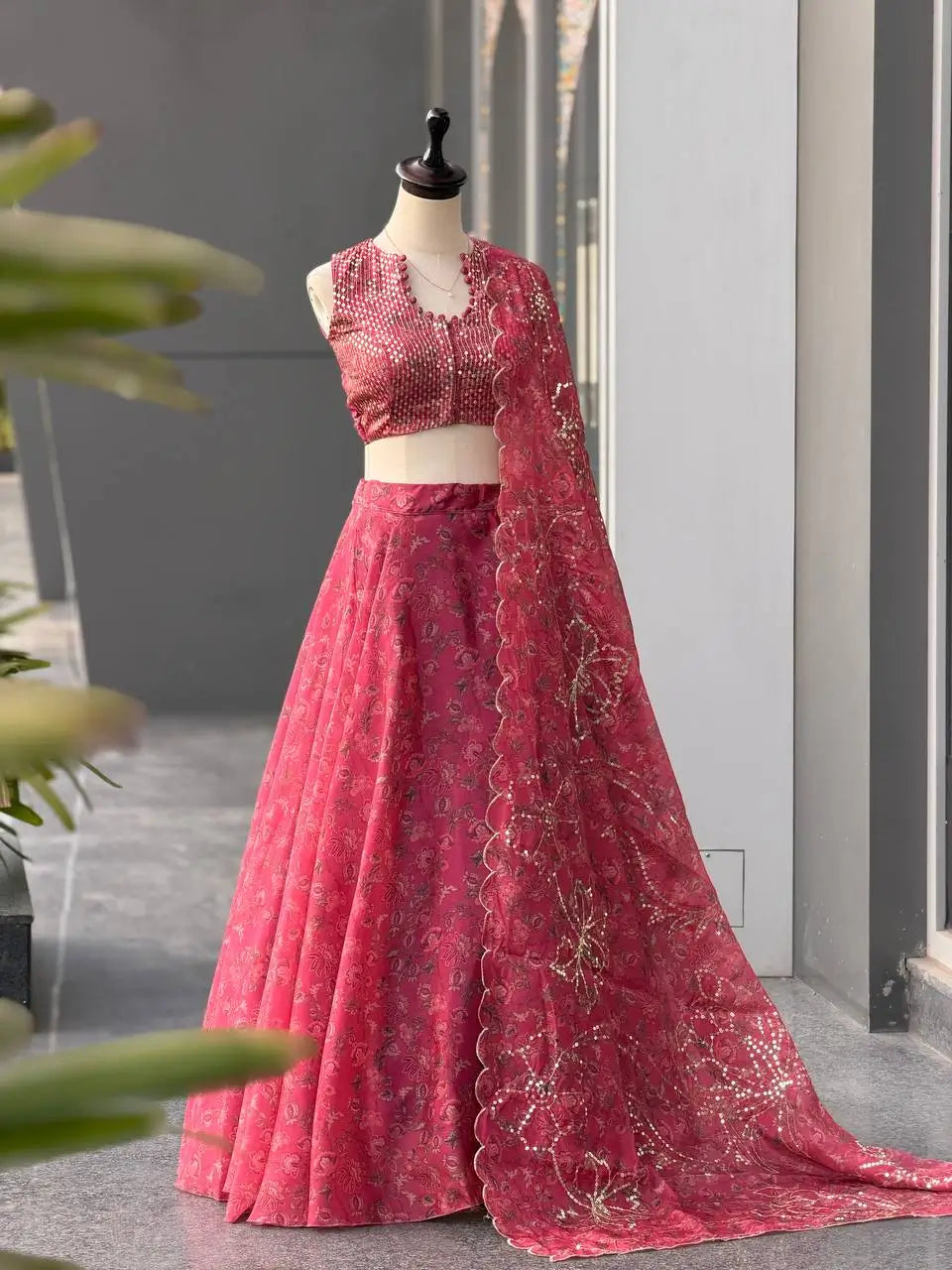 Rose Organza Printed Lehenga with Sequin Work