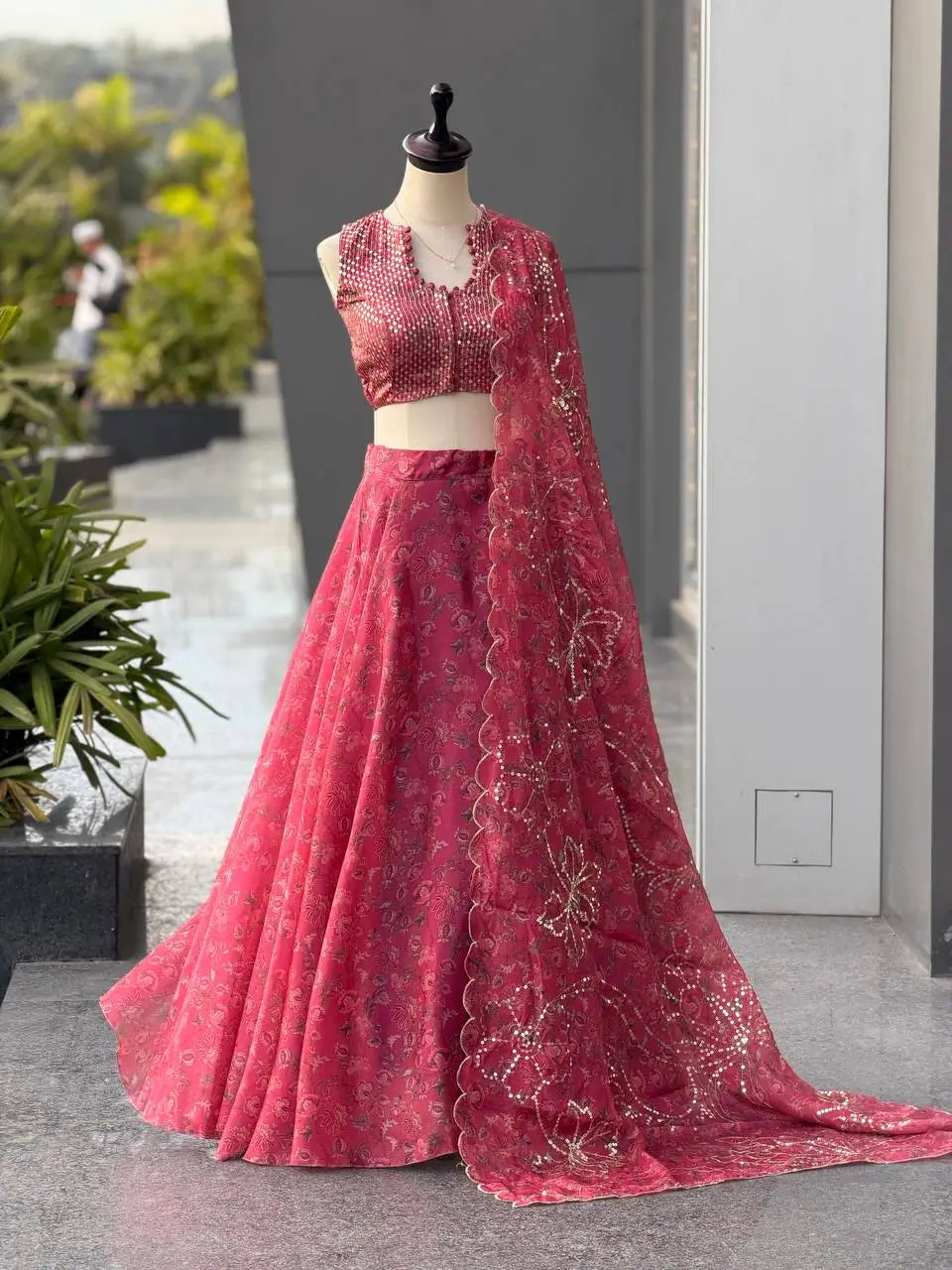 Rose Organza Printed Lehenga with Sequin Work