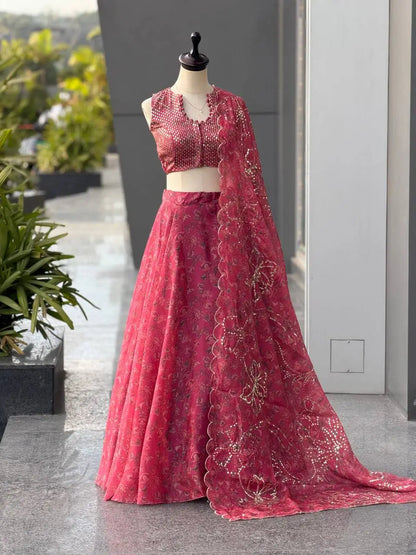 Rose Organza Printed Lehenga with Sequin Work