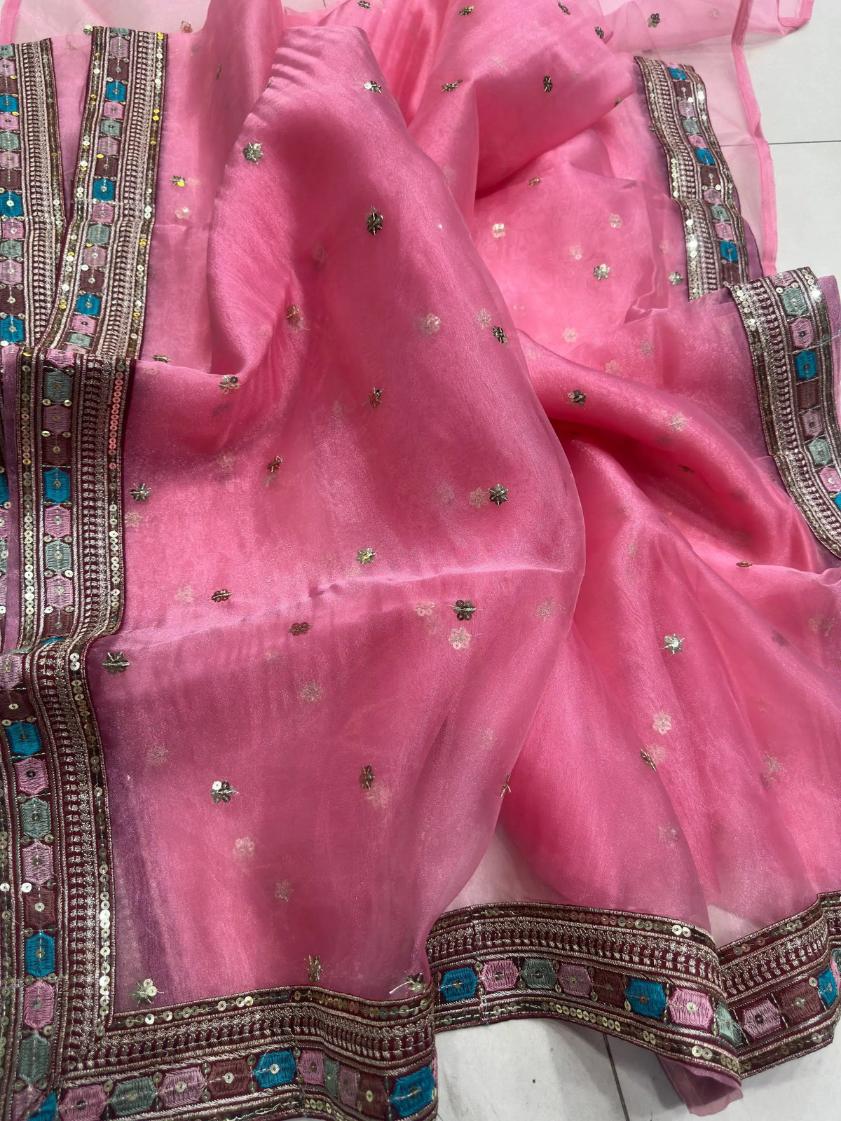 Rose Organza Silk Saree with Embroidery Border