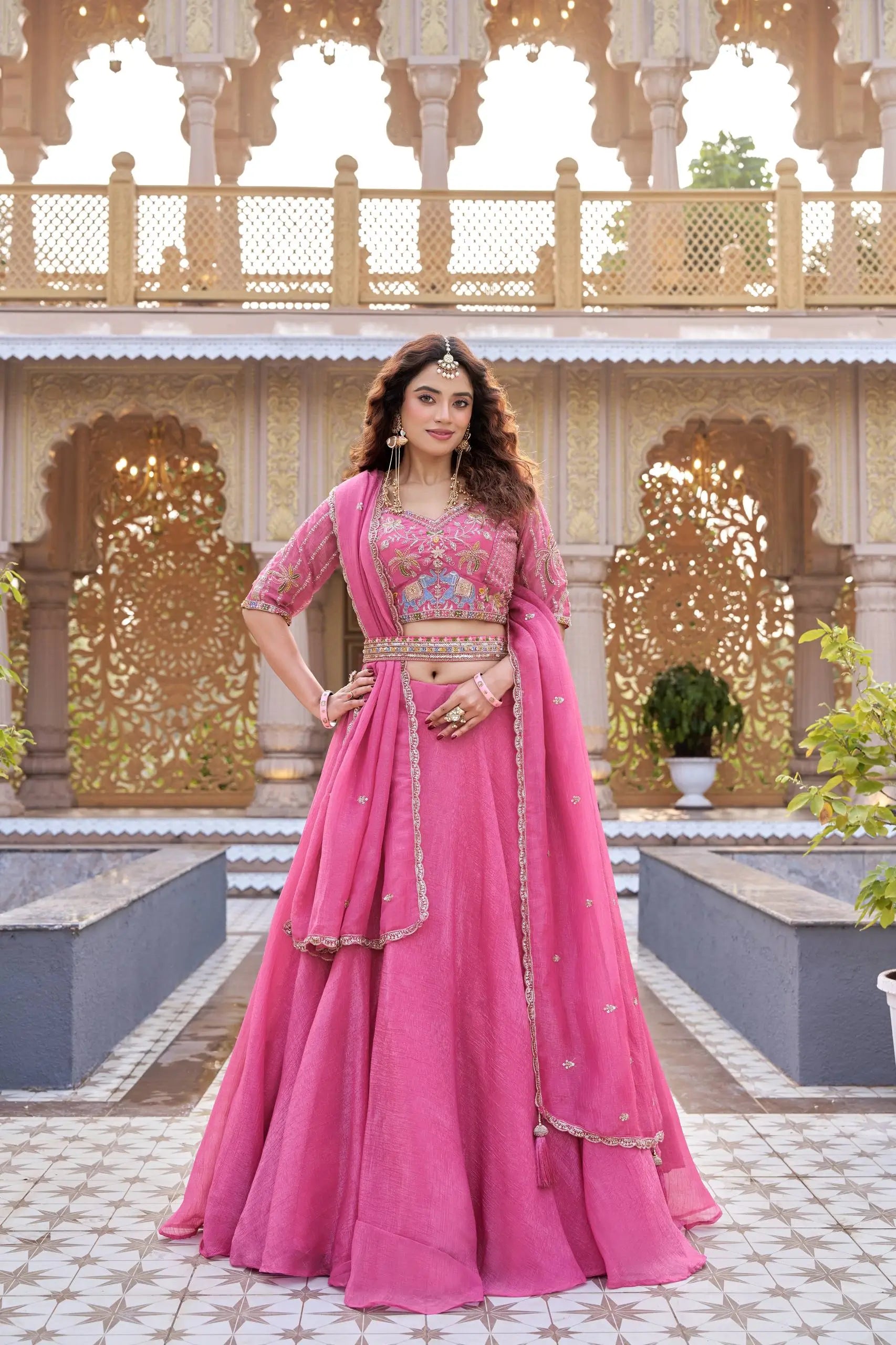 Rose Pink Pure Crunchy Silk Moti Sequins Embroidered Lehenga Choli for Wedding Wear