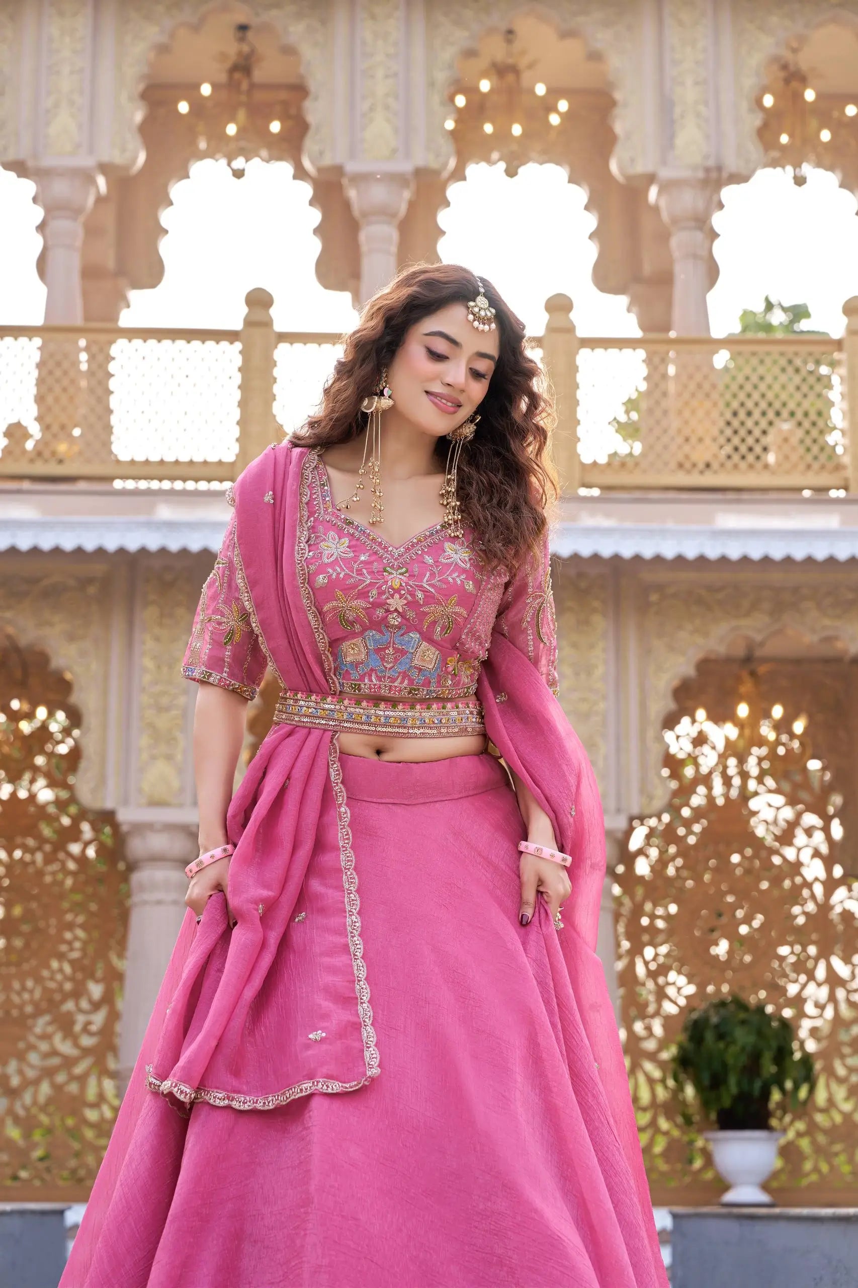 Rose Pink Pure Crunchy Silk Moti Sequins Embroidered Lehenga Choli for Wedding Wear