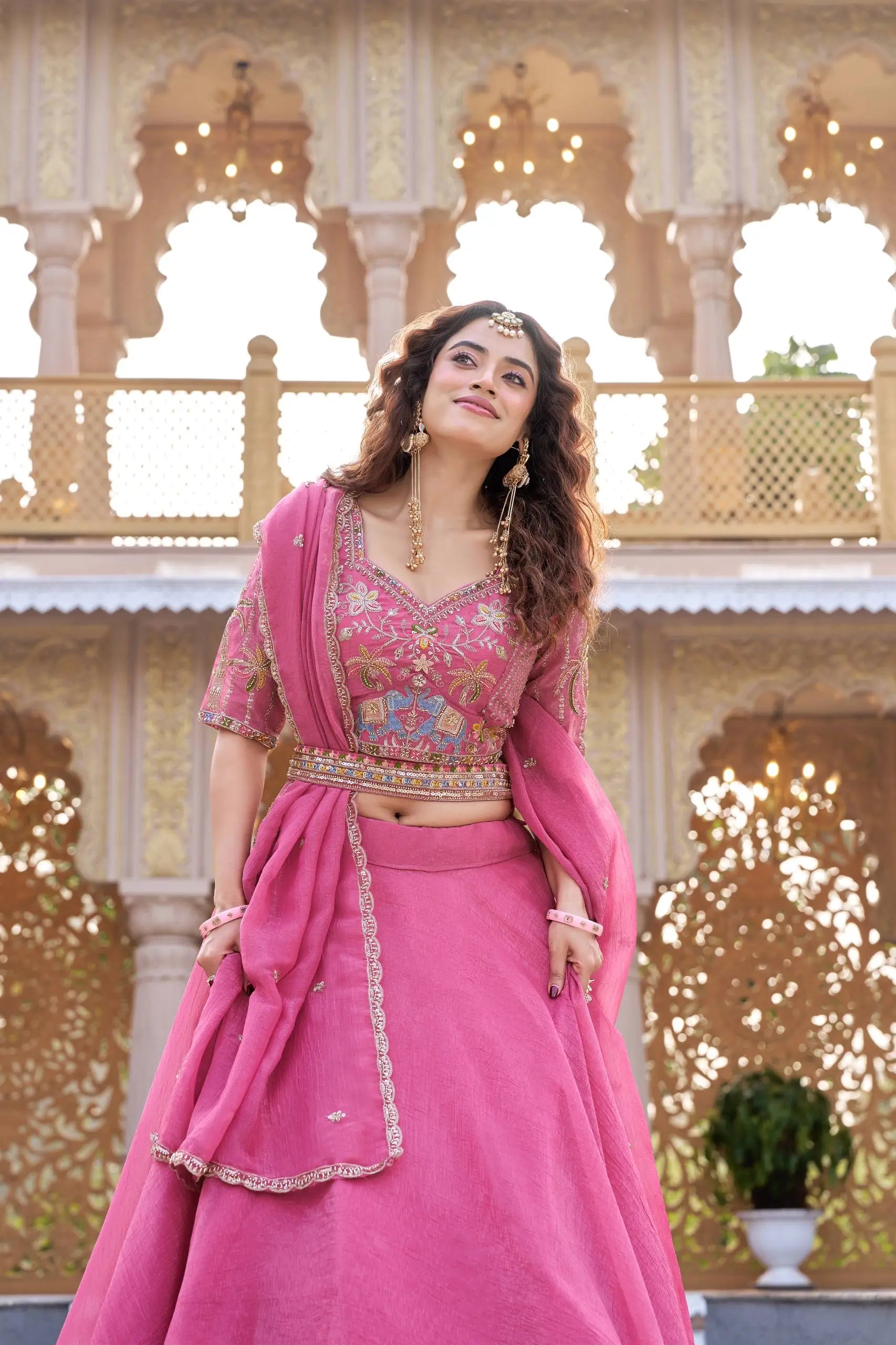 Rose Pink Pure Crunchy Silk Moti Sequins Embroidered Lehenga Choli for Wedding Wear