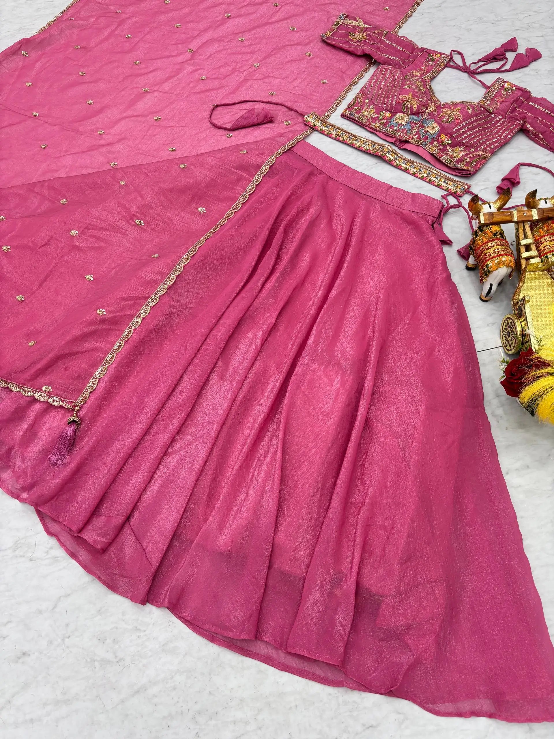 Rose Pink Pure Crunchy Silk Moti Sequins Embroidered Lehenga Choli for Wedding Wear