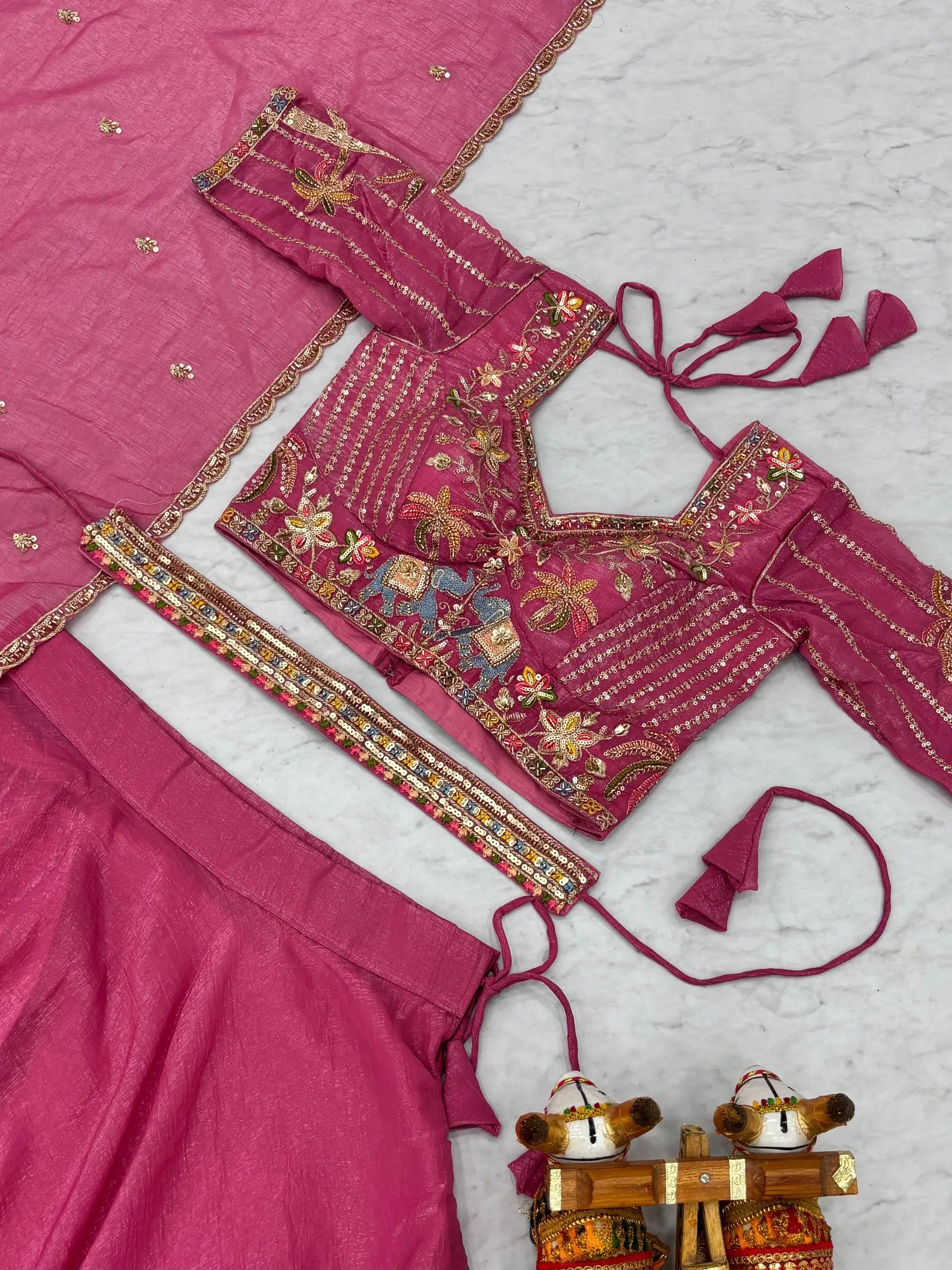 Rose Pink Pure Crunchy Silk Moti Sequins Embroidered Lehenga Choli for Wedding Wear