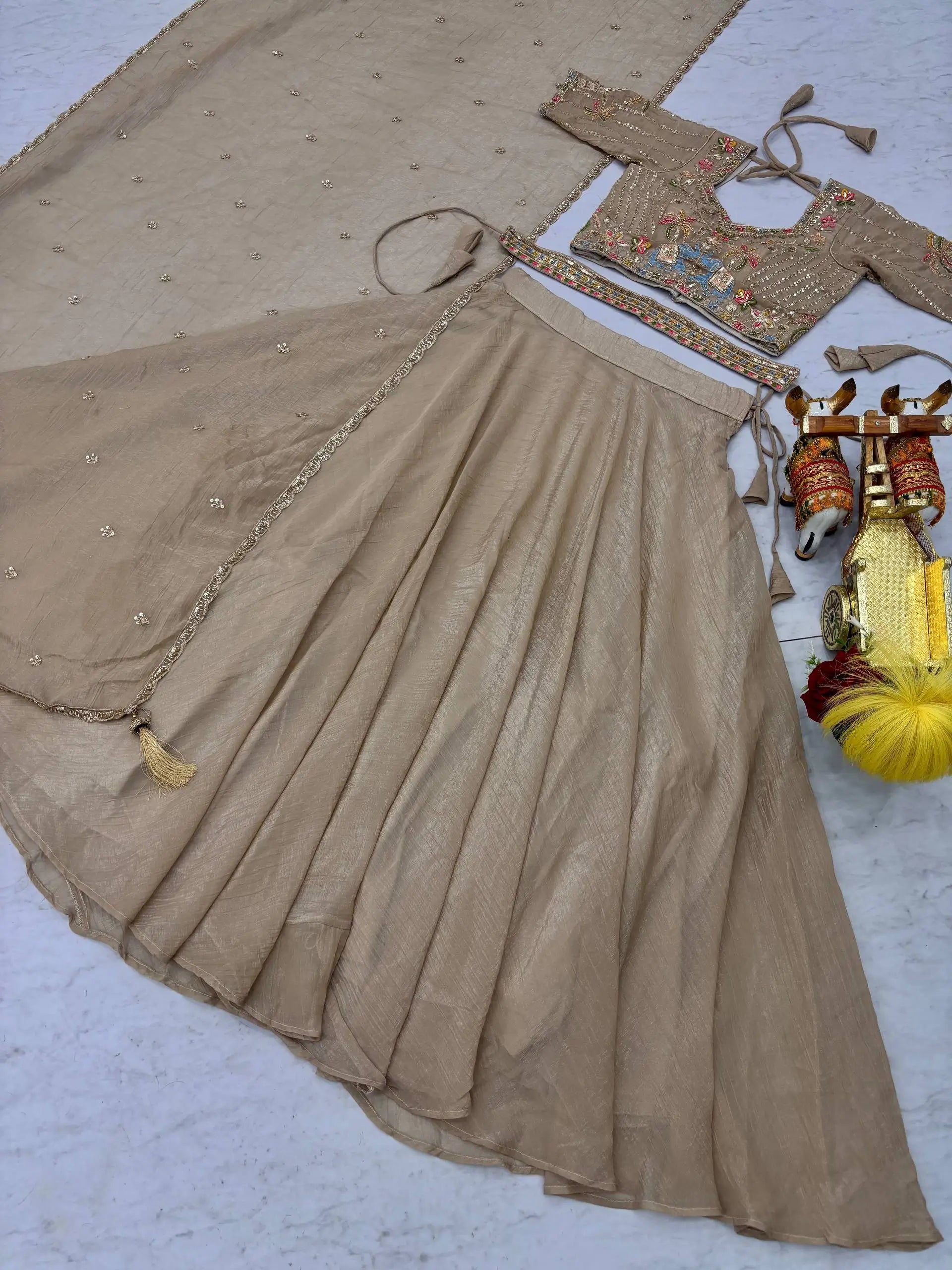 Rose Pink Pure Crunchy Silk Moti Sequins Embroidered Lehenga Choli for Wedding Wear