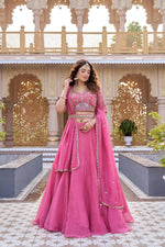 Rose Pink Pure Crunchy Silk Moti Sequins Embroidered Lehenga Choli for Wedding Wear