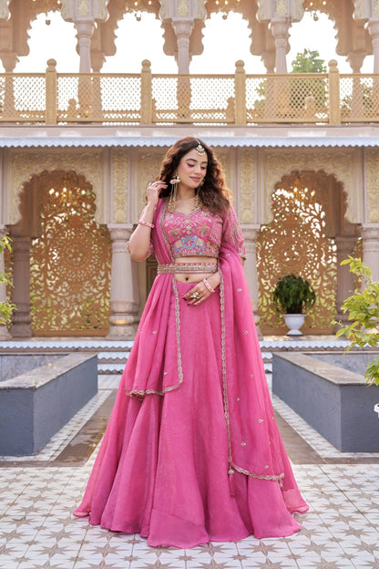 Rose Pink Pure Crunchy Silk Moti Sequins Embroidered Lehenga Choli for Wedding Wear