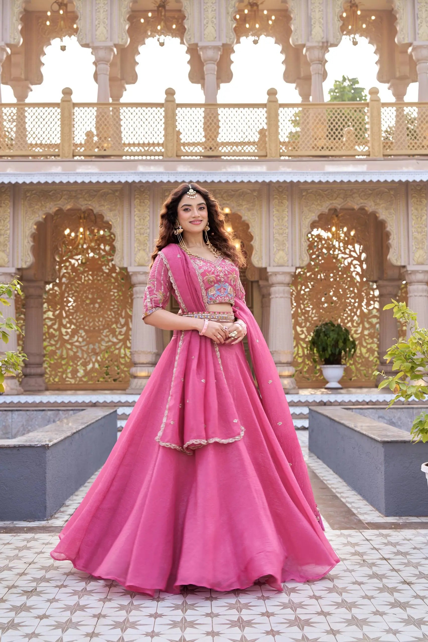 Rose Pink Pure Crunchy Silk Moti Sequins Embroidered Lehenga Choli for Wedding Wear