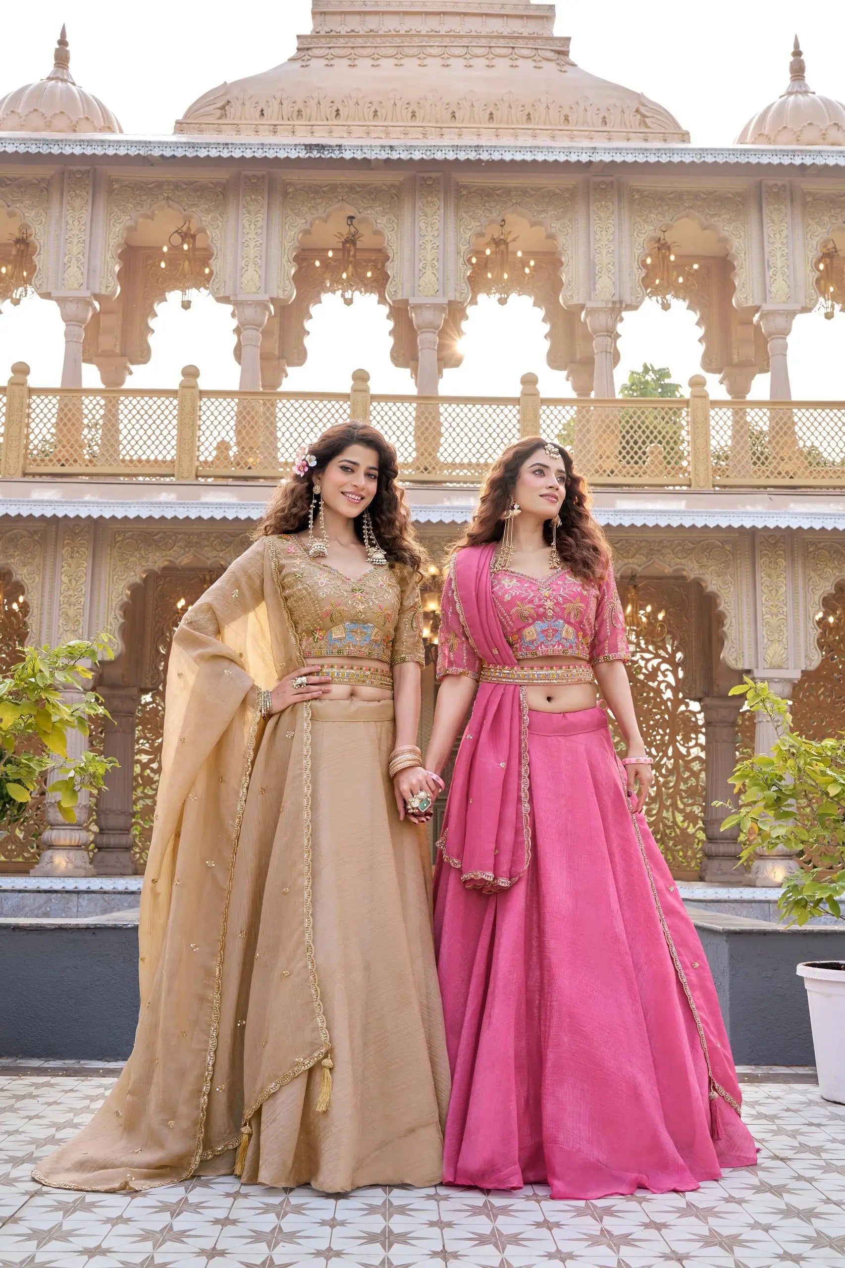 Rose Pink Pure Crunchy Silk Moti Sequins Embroidered Lehenga Choli for Wedding Wear