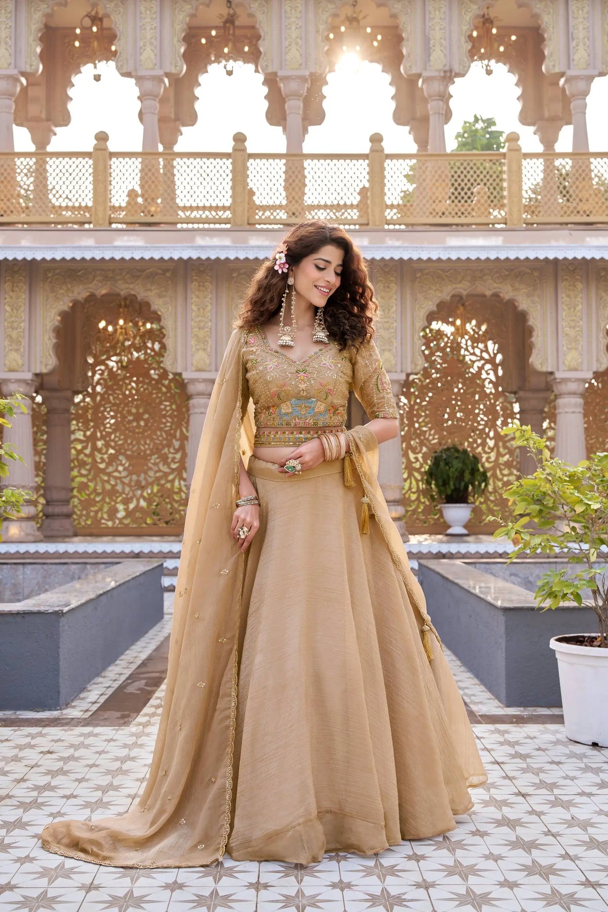 Rose Pink Pure Crunchy Silk Moti Sequins Embroidered Lehenga Choli for Wedding Wear