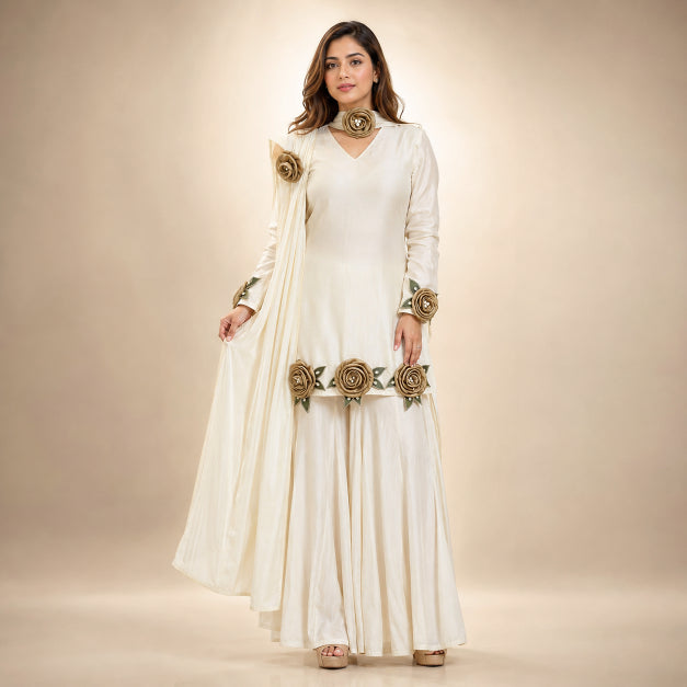 Rosette Embroidered Crepe Sharara