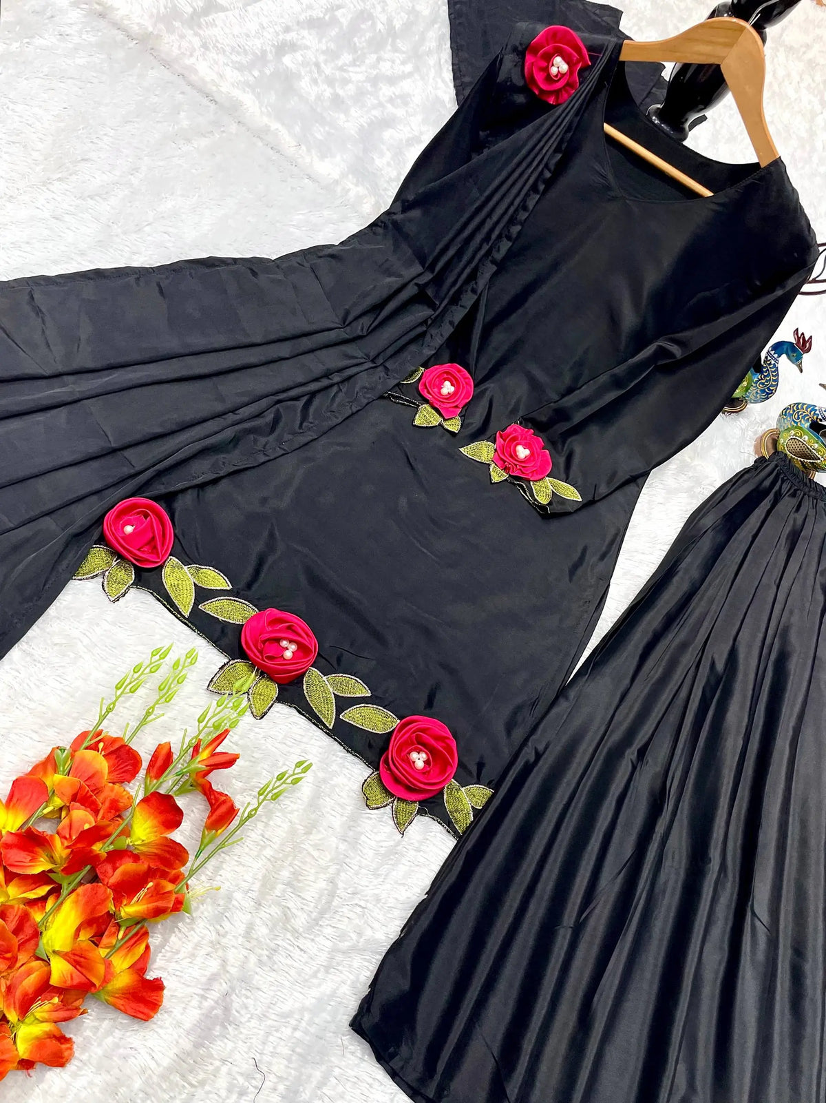 Rosette Embroidered Crepe Sharara