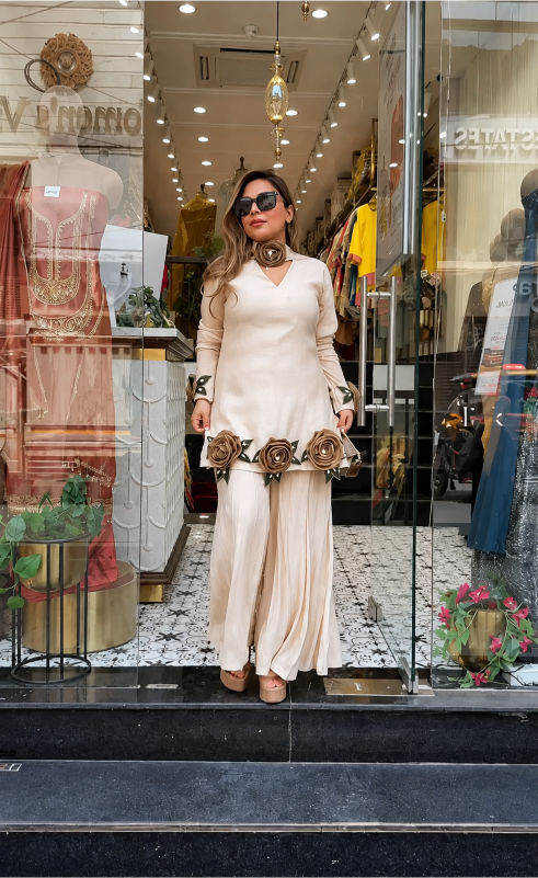 Rosette Embroidered Crepe Sharara