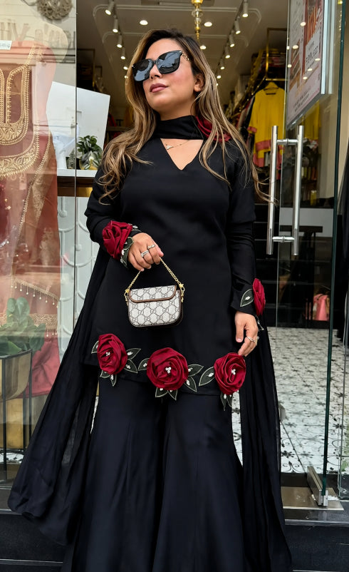 Rosette Embroidered Crepe Sharara