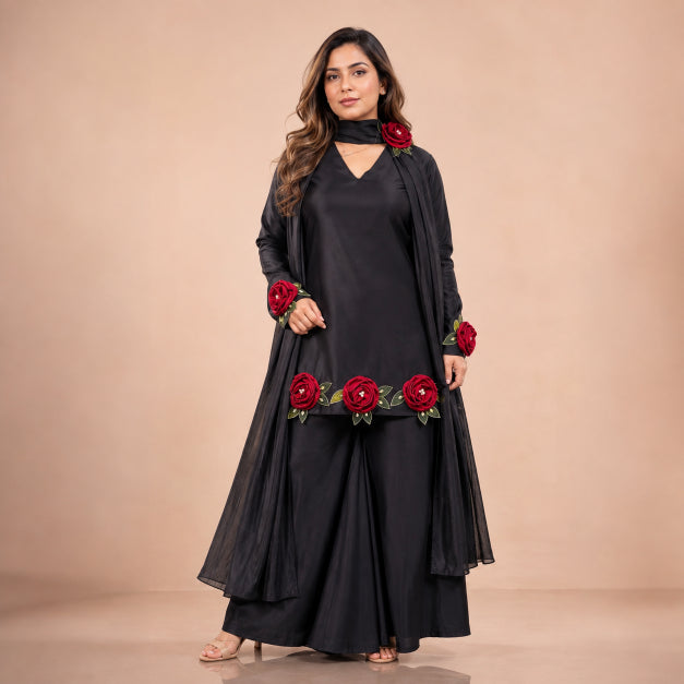 Rosette Embroidered Crepe Sharara
