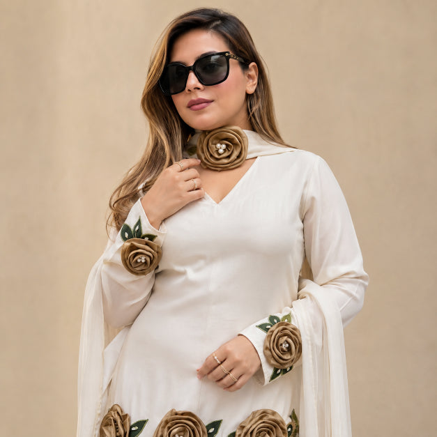 Rosette Embroidered Crepe Sharara