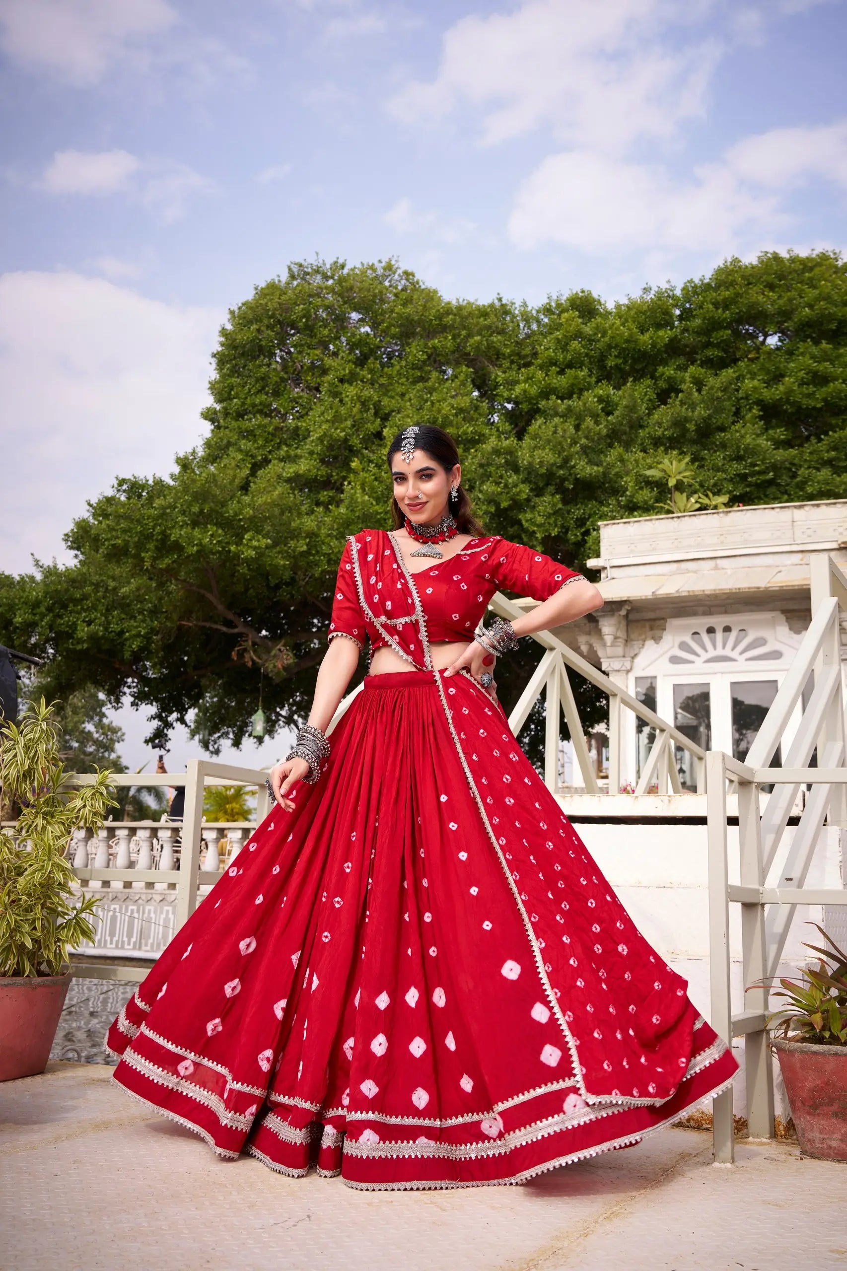 Royal Bandhej Pure Chanderi Printed Lehenga Set
