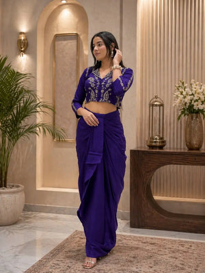 Royal Blue Chinon Silk Dhoti Set with Embroidery Sequins Cording Work