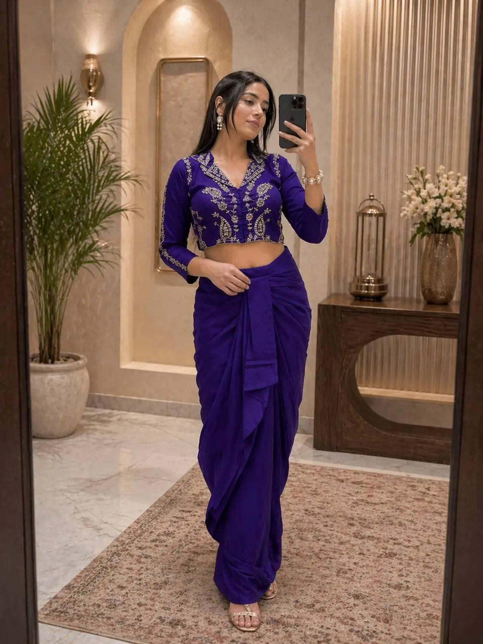 Royal Blue Chinon Silk Dhoti Set with Embroidery Sequins Cording Work
