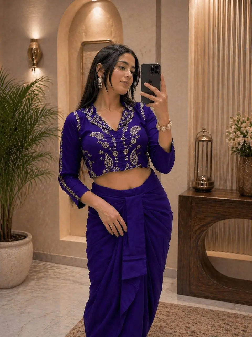 Royal Blue Chinon Silk Dhoti Set with Embroidery Sequins Cording Work