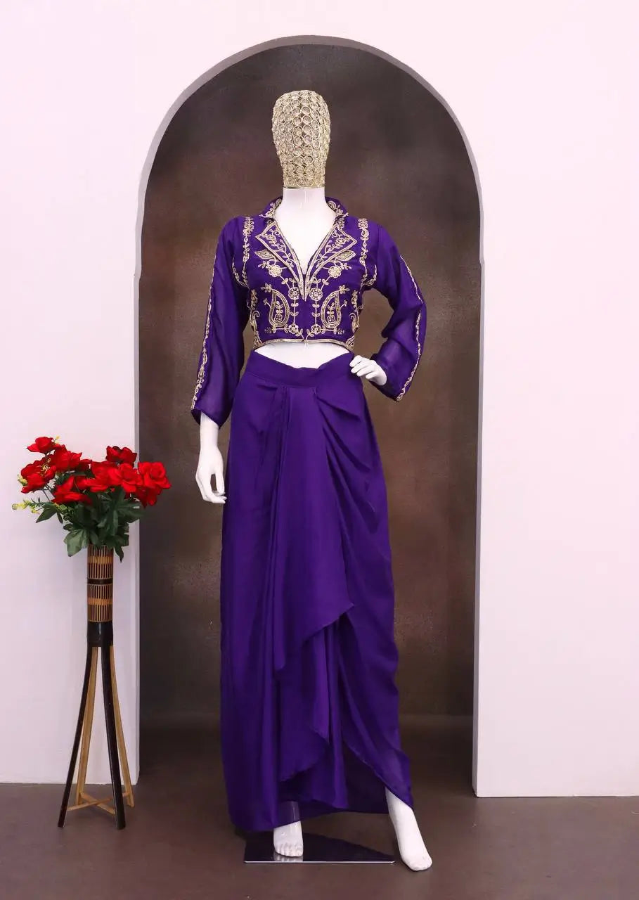 Royal Blue Chinon Silk Dhoti Set with Embroidery Sequins Cording Work