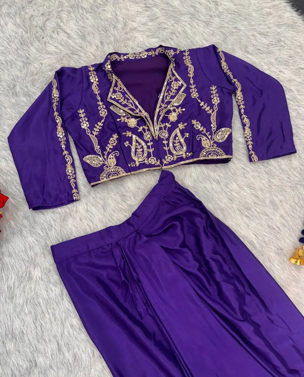 Royal Blue Chinon Silk Dhoti Set with Embroidery Sequins Cording Work