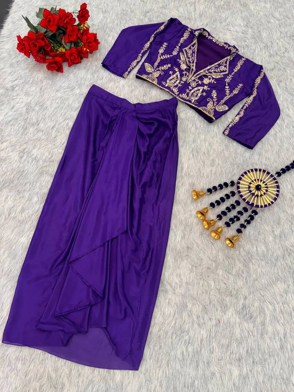 Royal Blue Chinon Silk Dhoti Set with Embroidery Sequins Cording Work