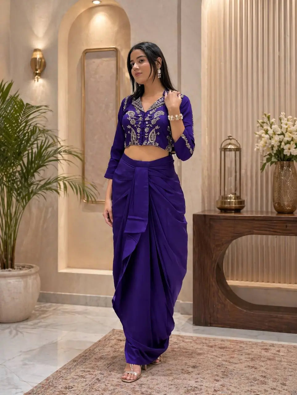Royal Blue Chinon Silk Dhoti Set with Embroidery Sequins Cording Work