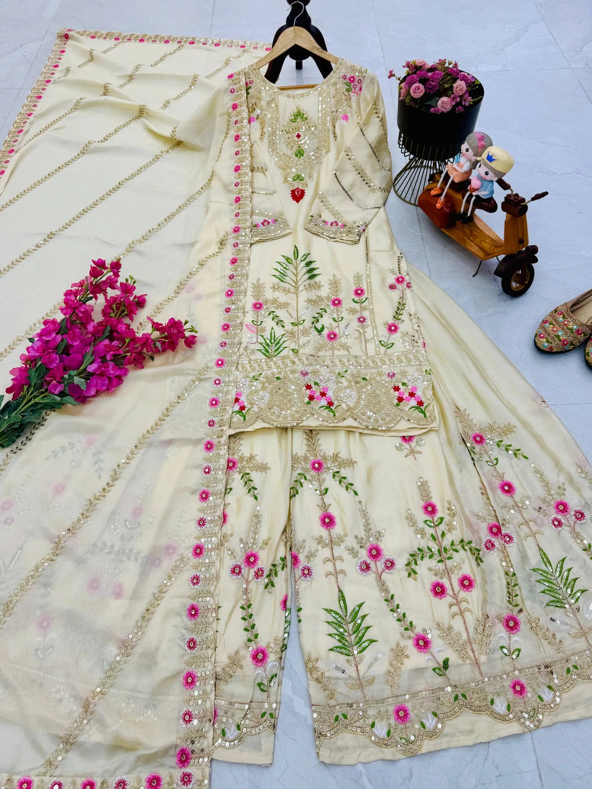 Royal Blue Chinon Silk Embroidered Sharara Suit with Dupatta – Heavy Sequence & Thread Work