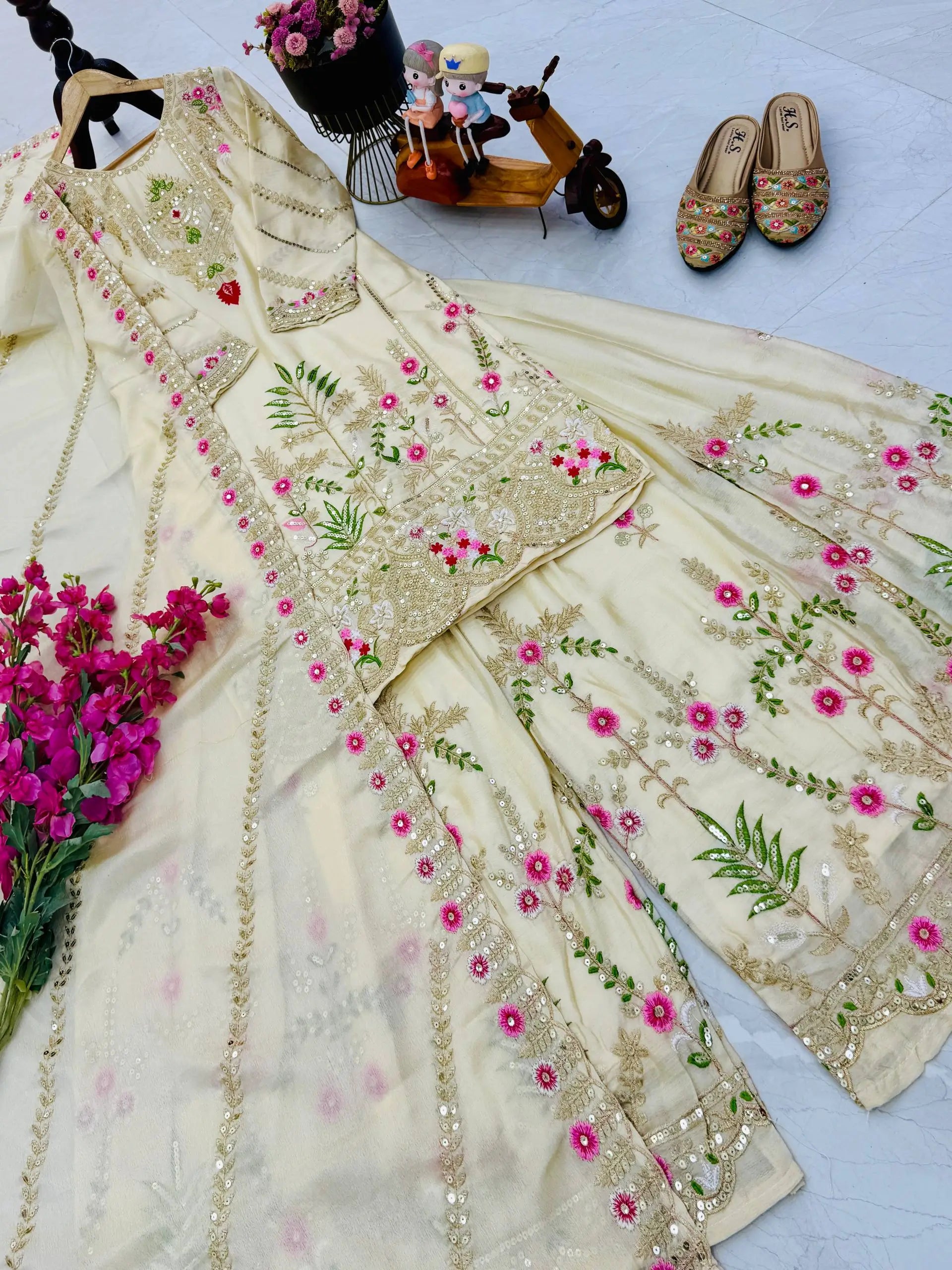 Royal Blue Chinon Silk Embroidered Sharara Suit with Dupatta – Heavy Sequence & Thread Work