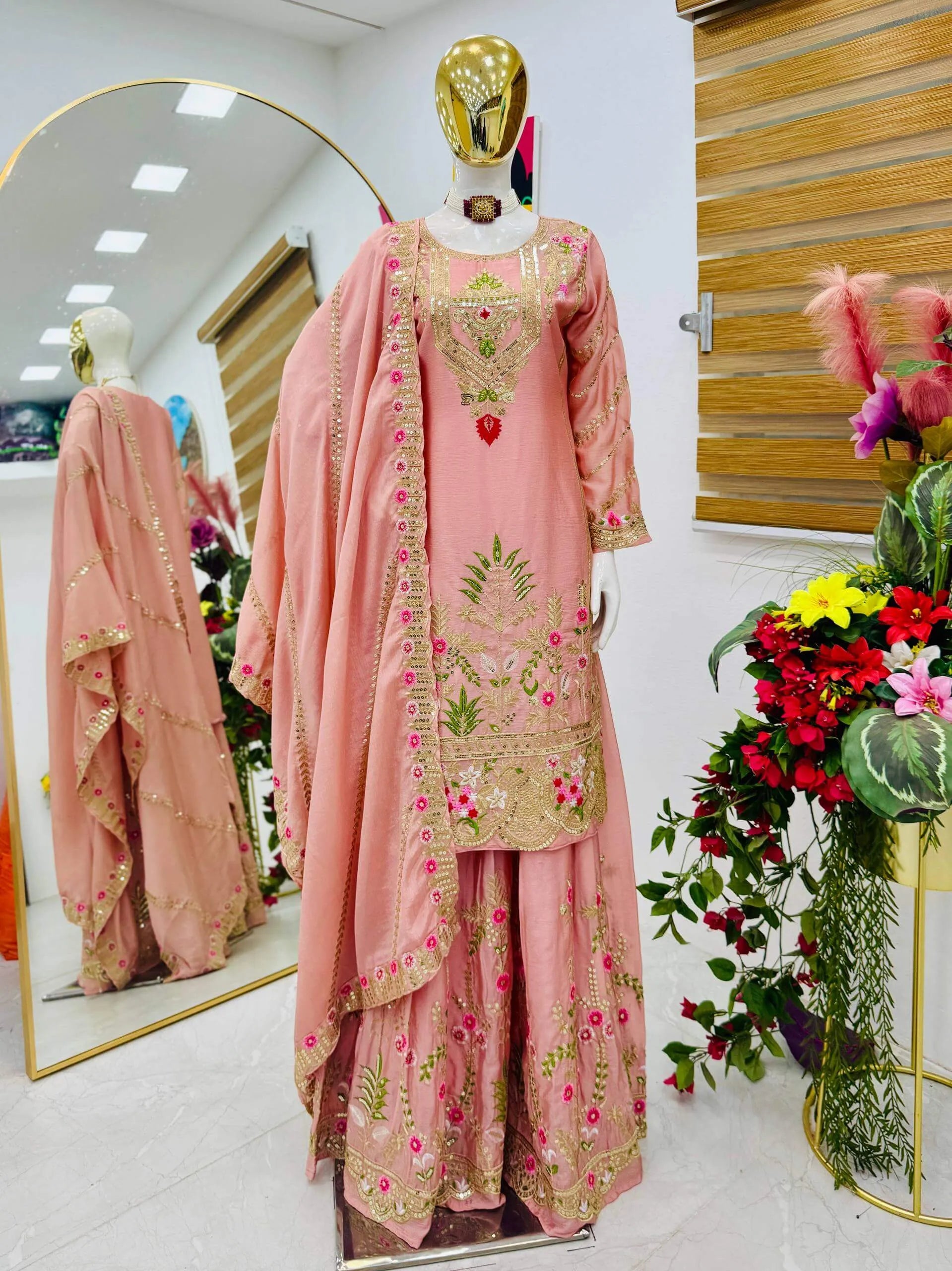 Royal Blue Chinon Silk Embroidered Sharara Suit with Dupatta – Heavy Sequence & Thread Work