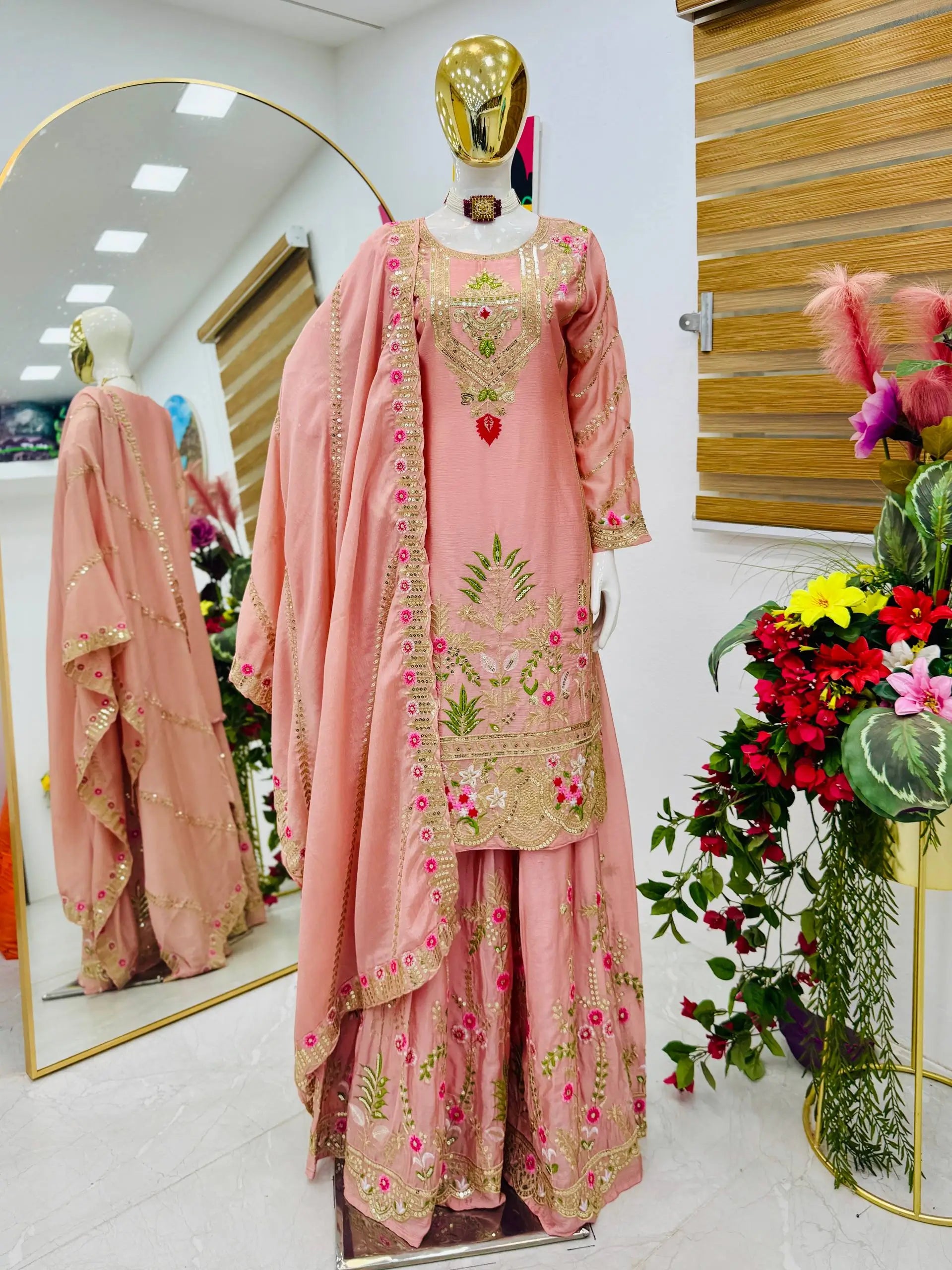 Royal Blue Chinon Silk Embroidered Sharara Suit with Dupatta – Heavy Sequence & Thread Work